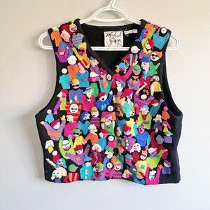 Vintage 1990's Michael Simon Knit Vest Black multicolor appliqué size large